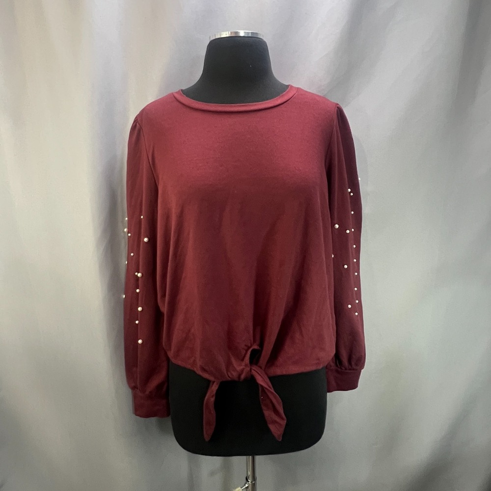 Skönhet Blouse Top Womens Large Maroon Pearl Embellished Tie Front Round Neck